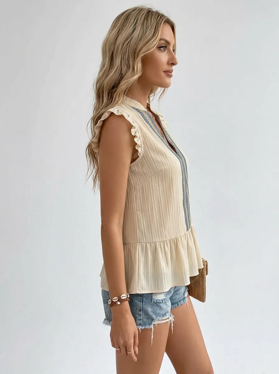 Boho Embroidered V-Neck Ruffle Trim Printed Top
