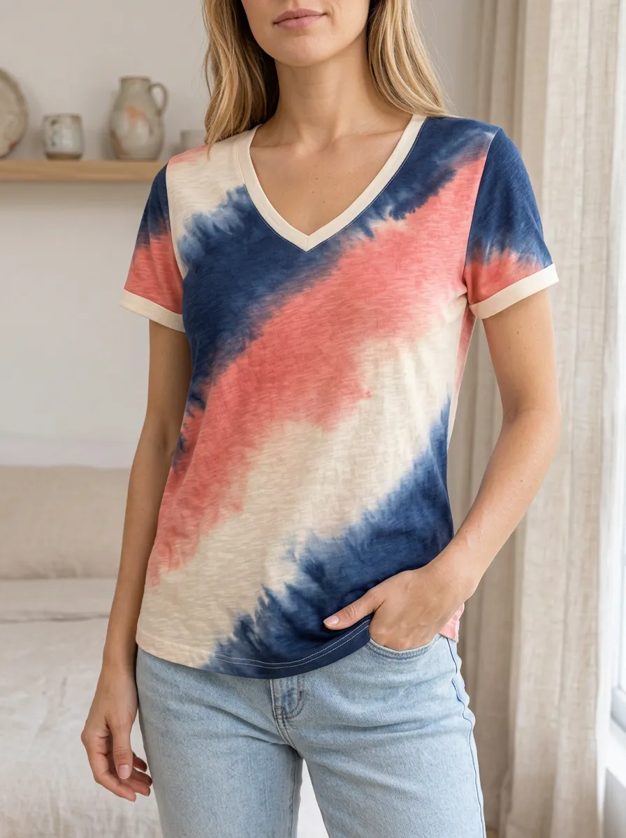 Women's Tie-Dye Diagonal Stripe Printed V-Neck T-Shirt