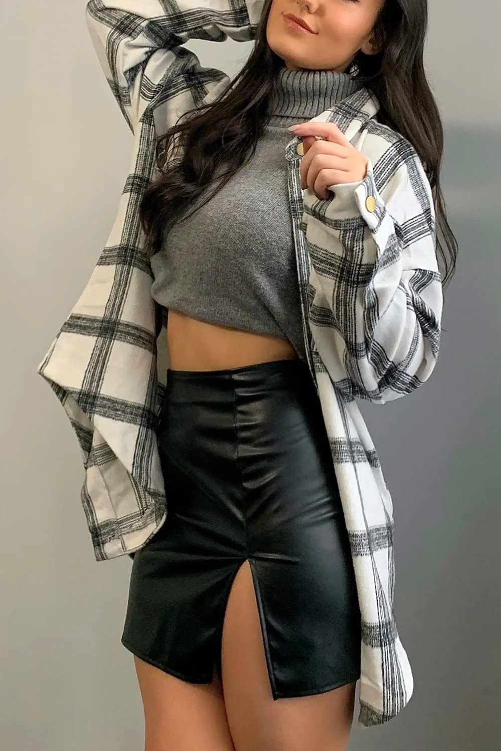 Women's 2023 Fall Clothes Plaid Shacket Jacket Long Sleeve Button Down Flannel Shirts Fashion Blouse