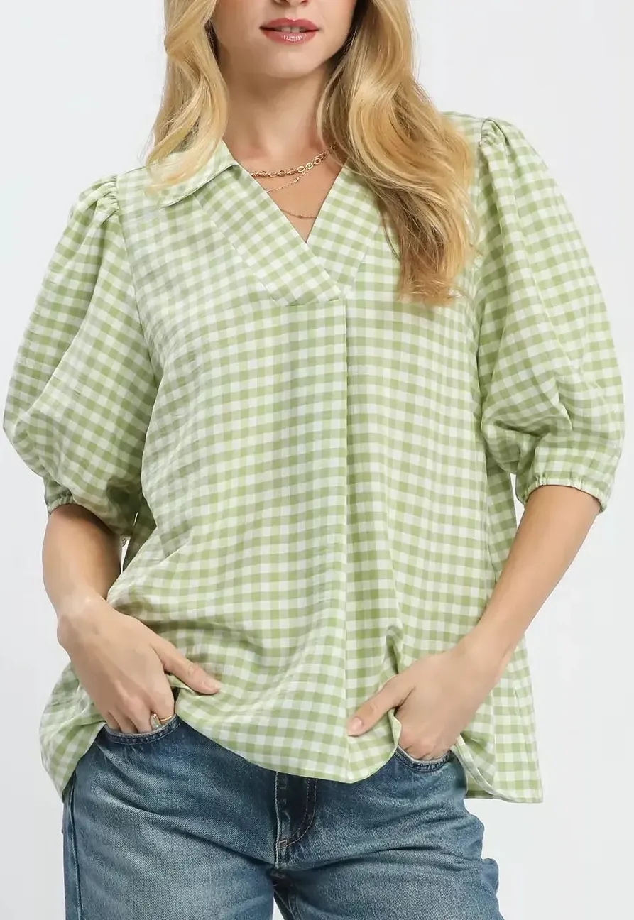 Gingham Puff Sleeve Collared Blouse