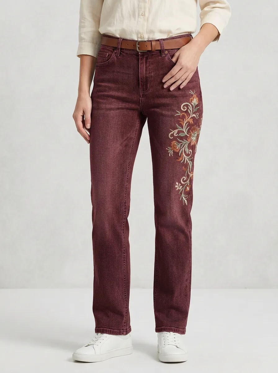 Women's Floral Embroidery Vintage Printed Straight Leg Jeans
