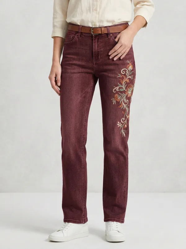Women's Floral Embroidery Vintage Printed Straight Leg Jeans