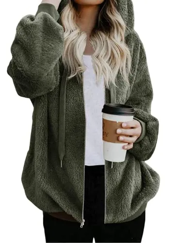 Womens Full Zip Up Sherpa Hoodie Fuzzy Fleece Jacket Oversized Fluffy Coat with Pockets