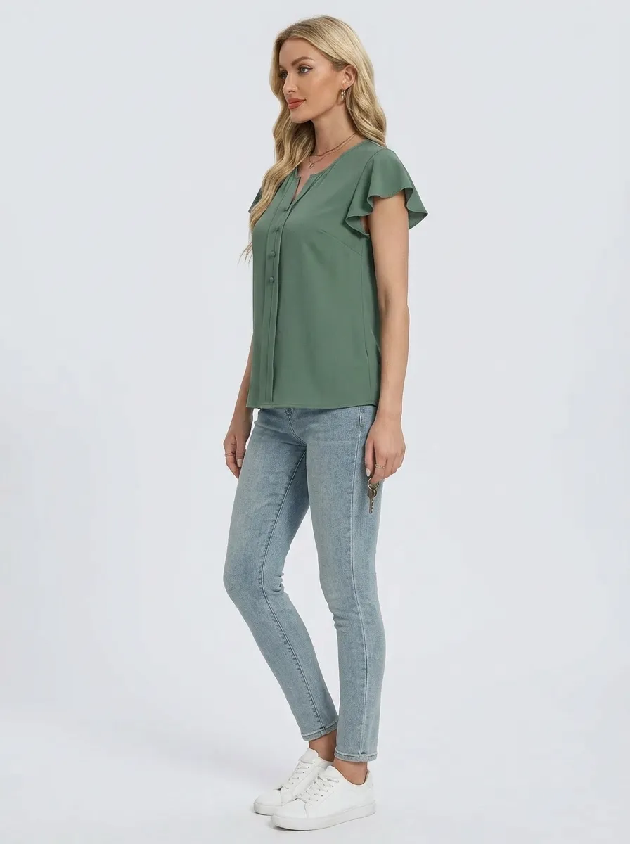 Flutter Sleeve Button Down Blouse