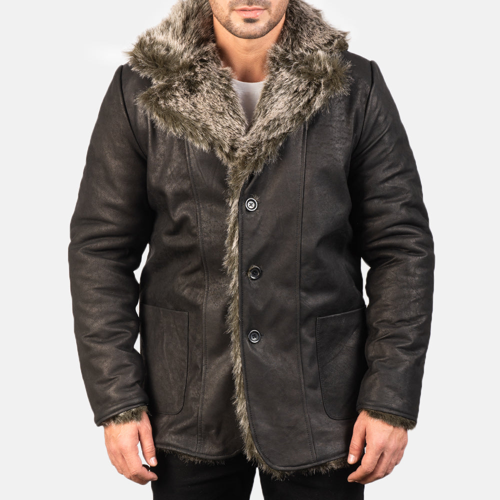 Men's Rugged Leather Fur Trim Coat