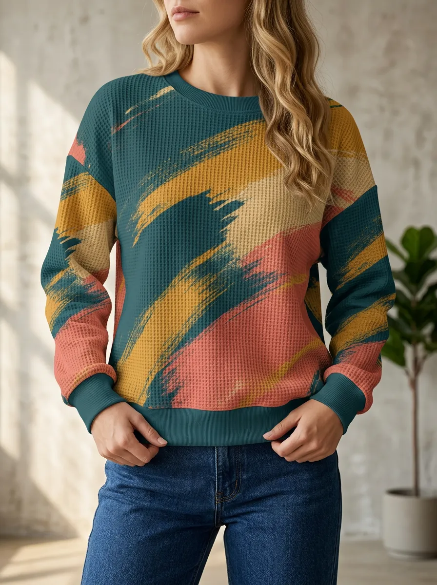 Women's Abstract Brushstroke Printed Waffle Knit Crewneck Sweatshirt