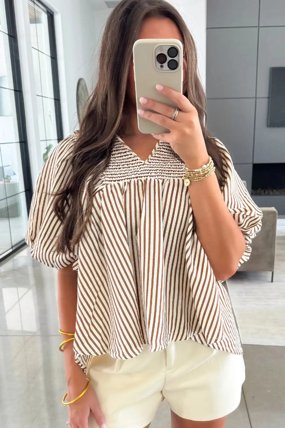Brown Stripe Shirred V Neck Blouse