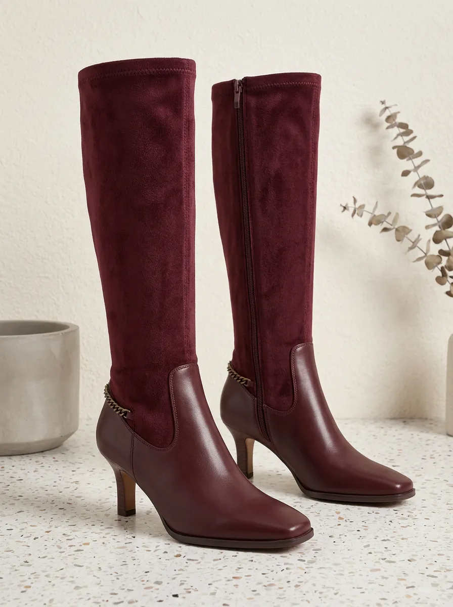 Women's Chain Detail Suede Leather Knee High Boots