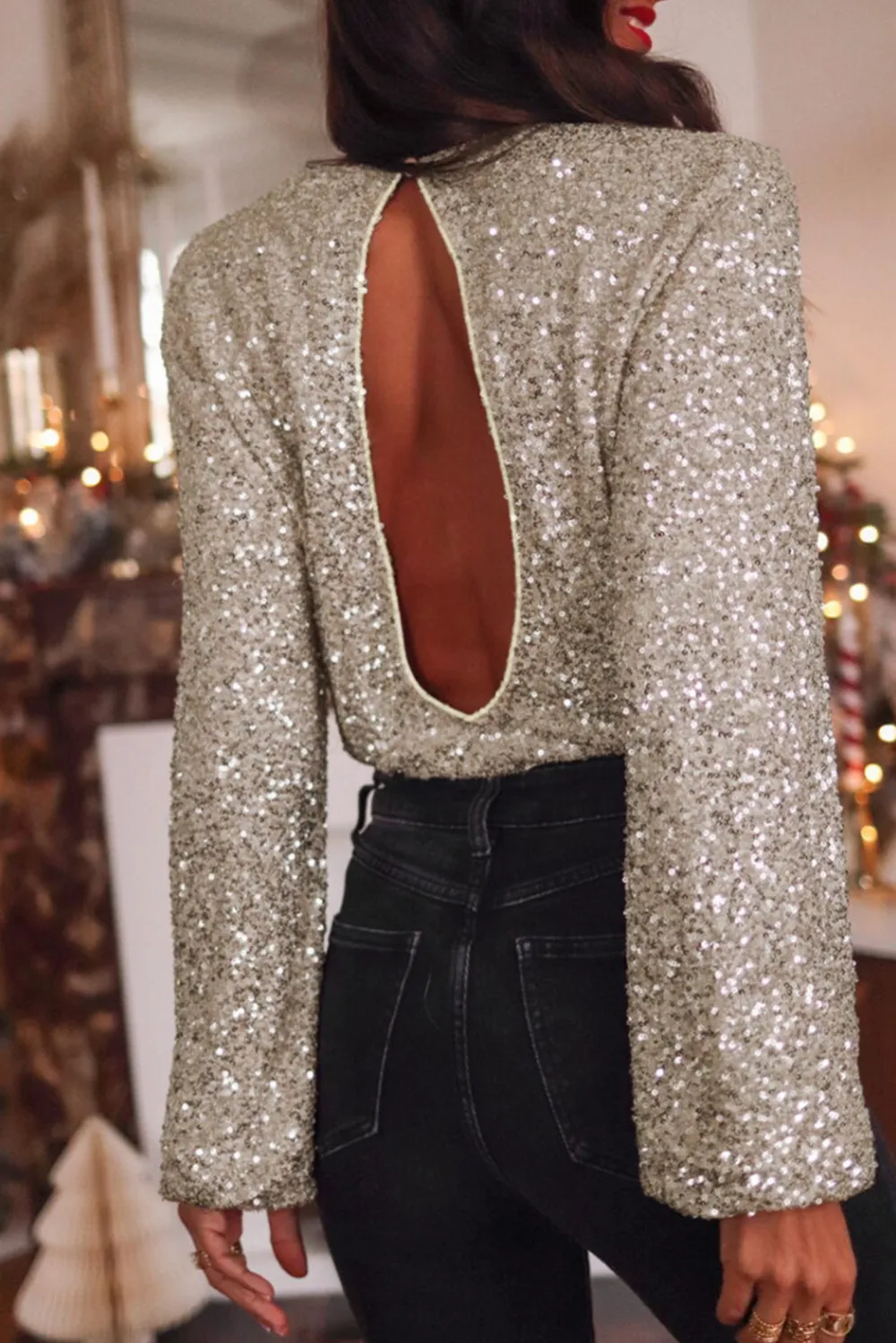 Silvery Sequin Puff Sleeve Cutout Blouse