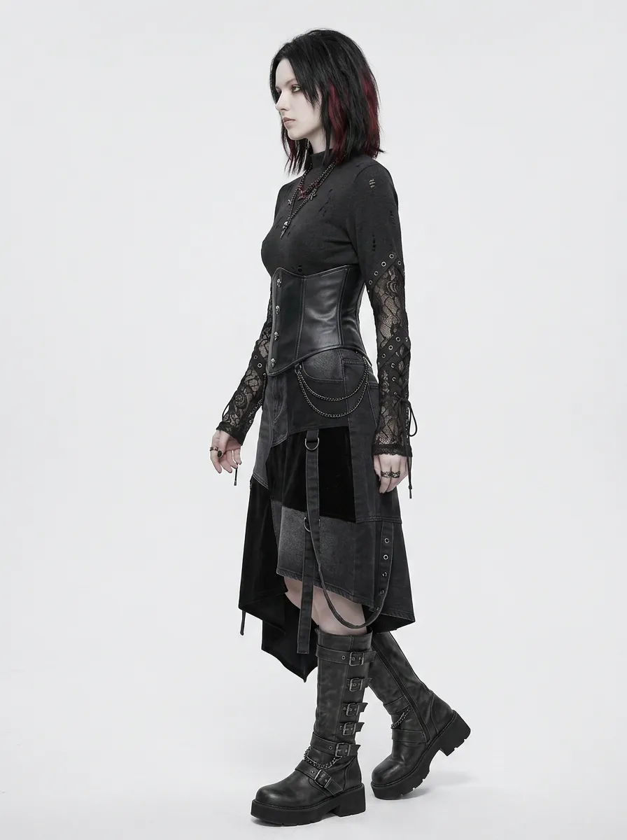 Women's Gothic Punk Lace Sleeve Distressed Printed Top