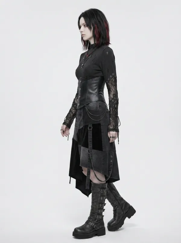 Women's Gothic Punk Lace Sleeve Distressed Printed Top