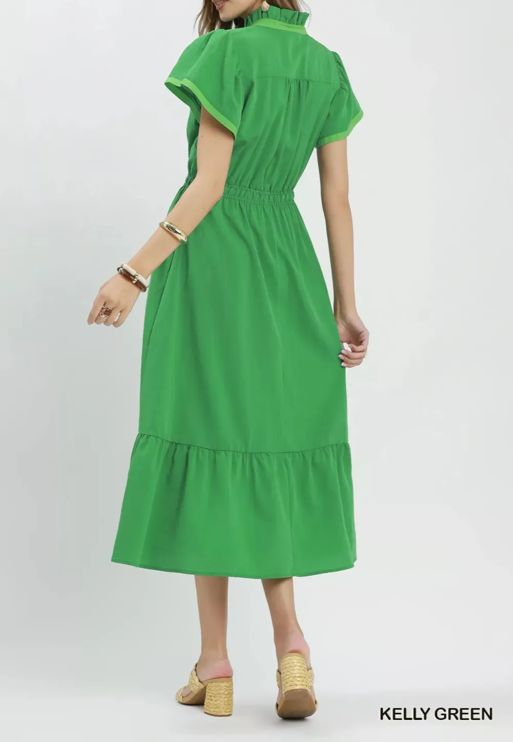 Contrast Contrast Trim Midi Dress with Tiered Ruffle Hem