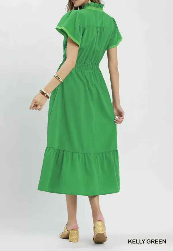 Contrast Contrast Trim Midi Dress with Tiered Ruffle Hem