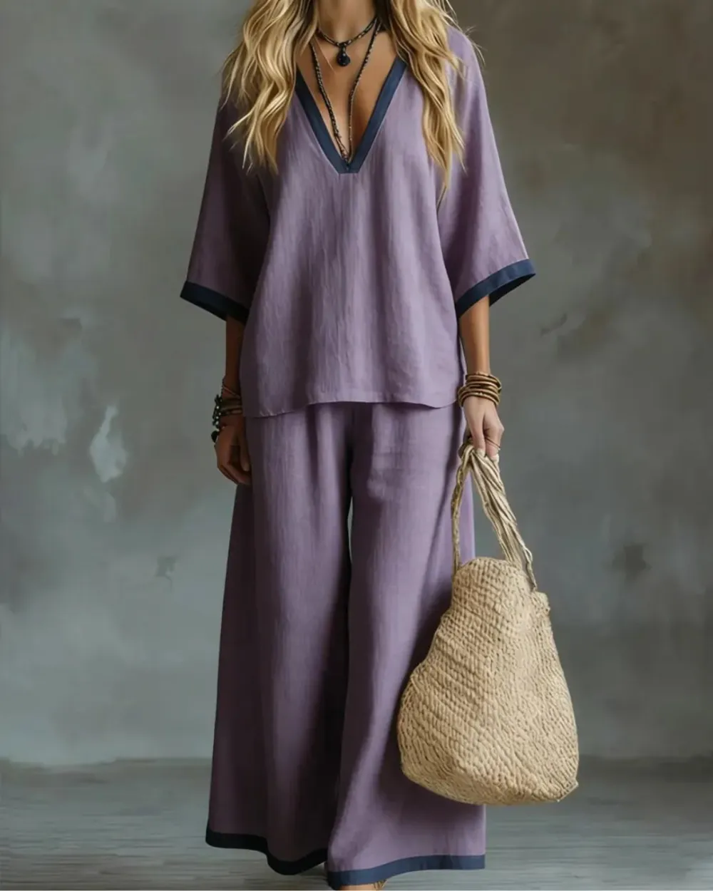 Deep V-Neck Contrast-Trim Two-Piece Set