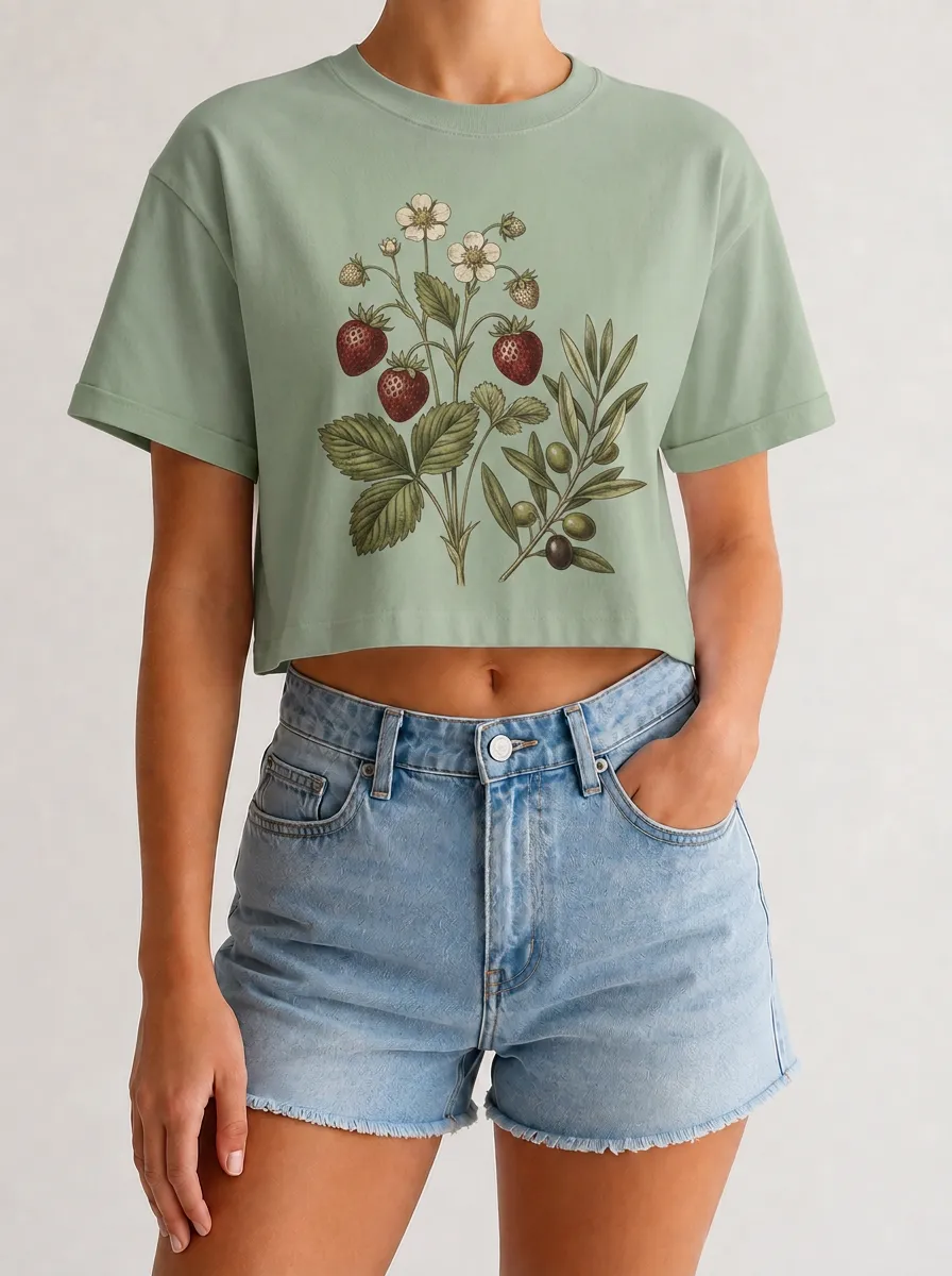 Women's Botanical Strawberry Olive Printed Crop Top