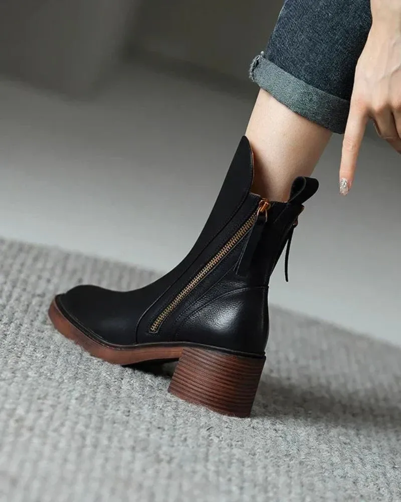 Leather Ankle Boots Side Zip Block Heel