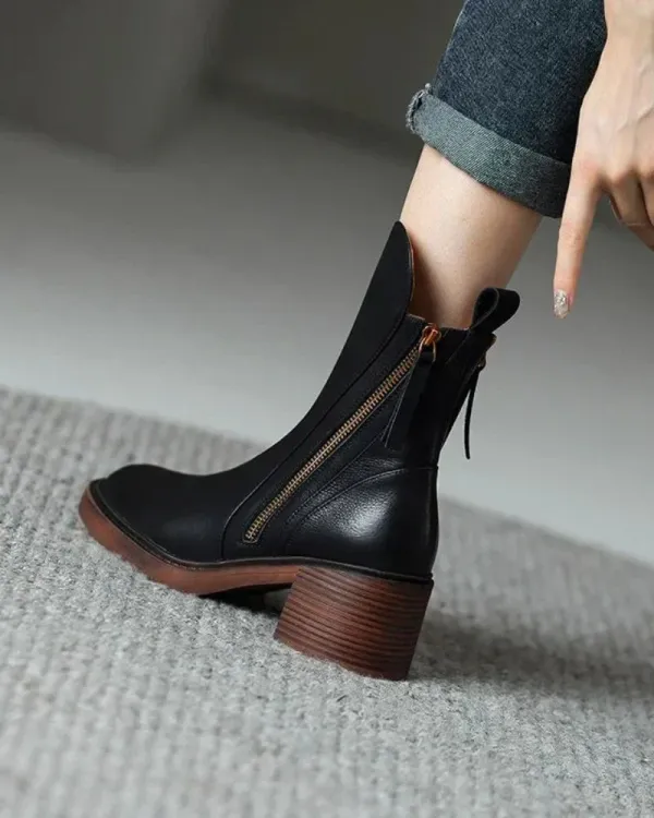 Leather Ankle Boots Side Zip Block Heel