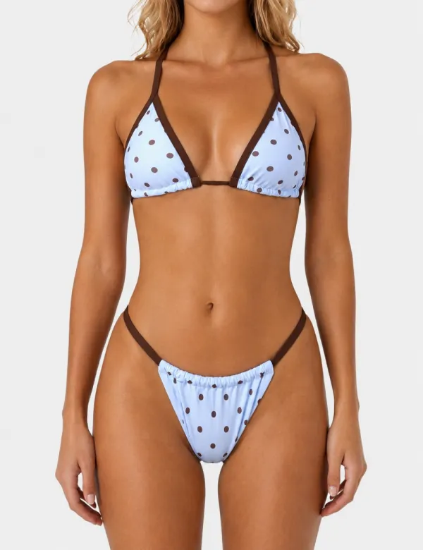 Polka Dot Contrast Trim Triangle Piece Bikini Set