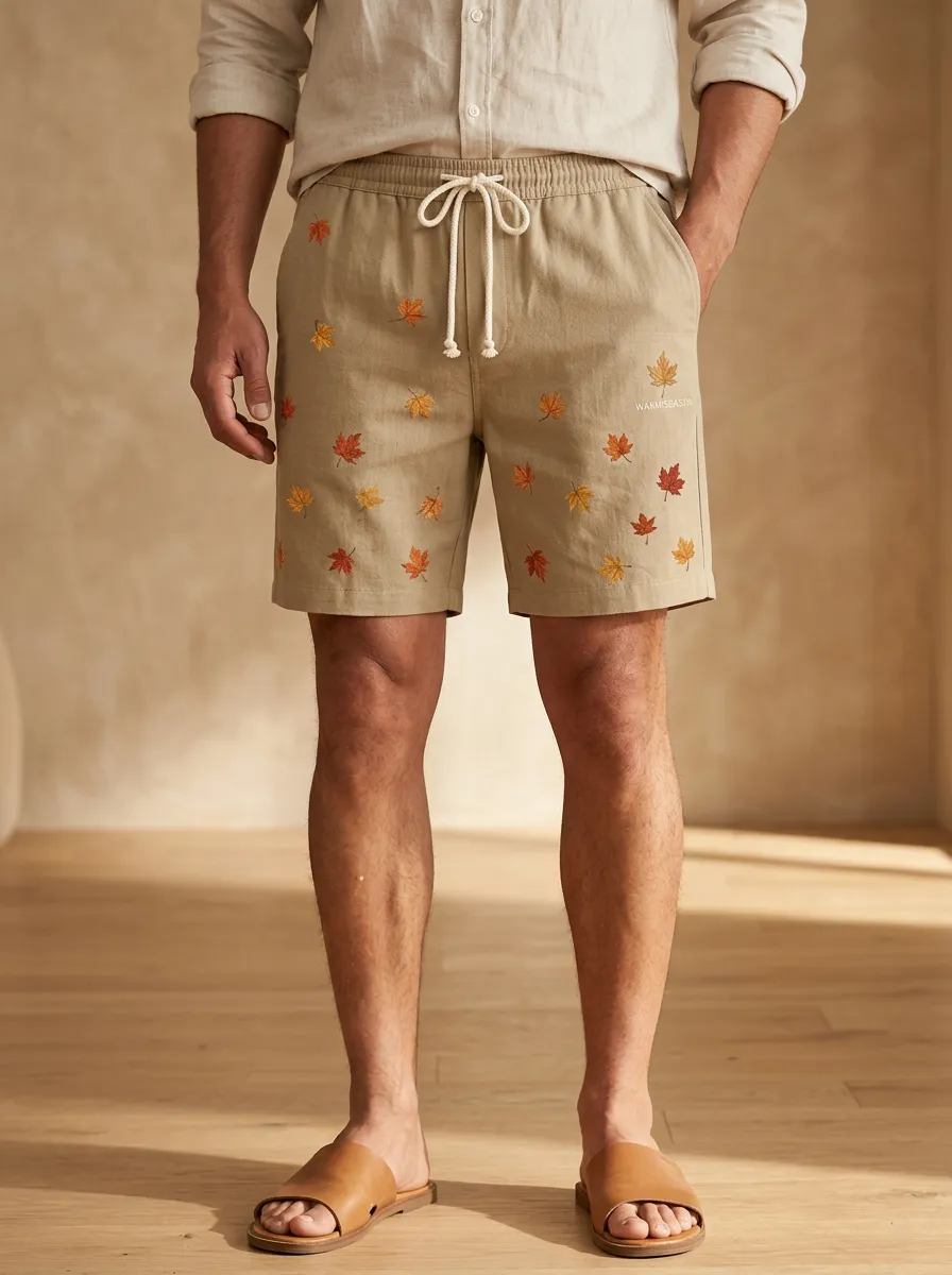 Embroidered Leaf Print Drawstring Shorts