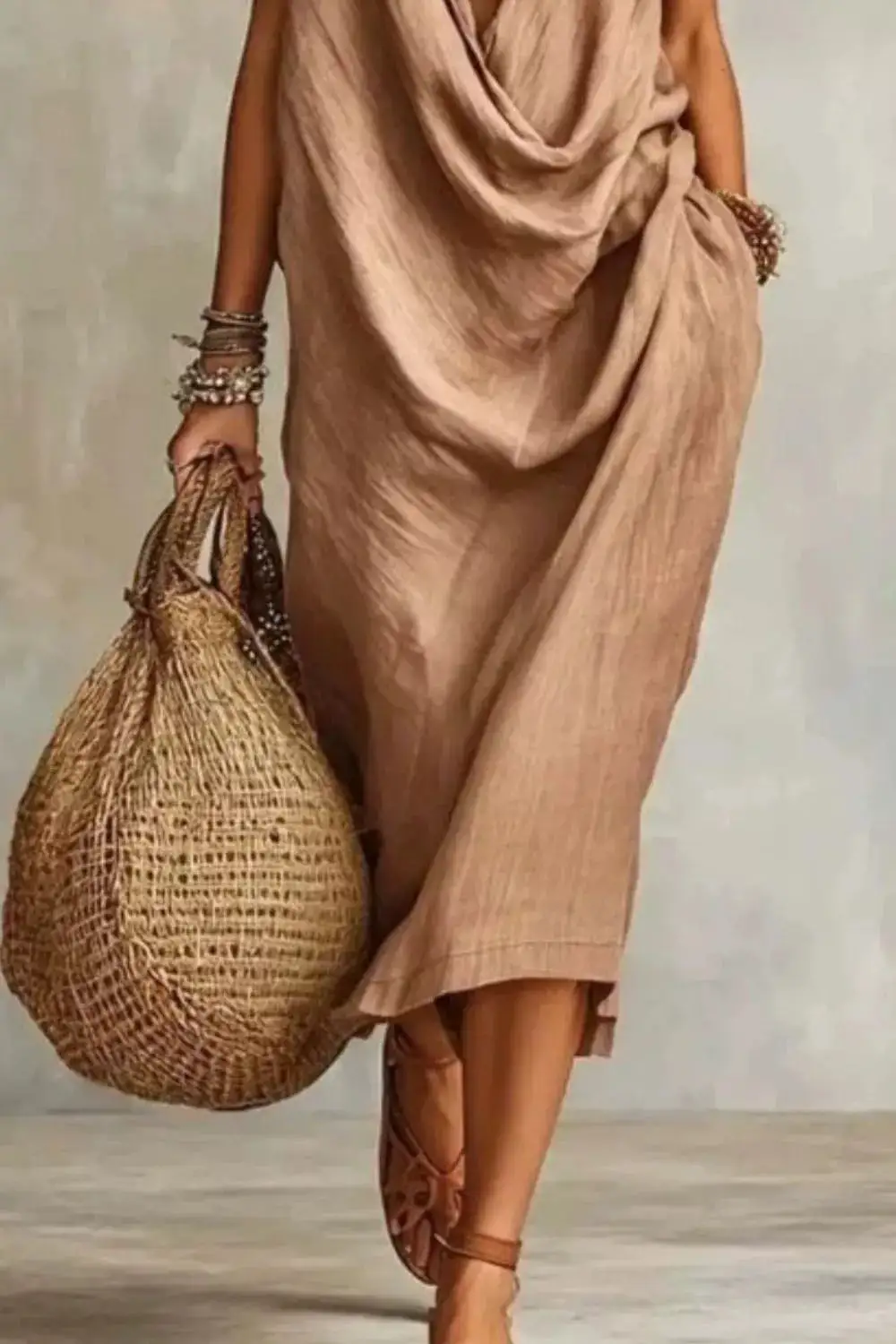 Sleeveless Drape Neck Midi Dress