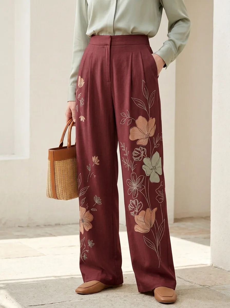 Women's Beige Floral Embroidered Hem Motif High-Waisted Wide-Leg Trousers