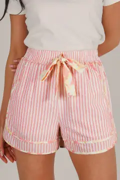 Floral Trim Ribbon Knot Striped Casual Shorts