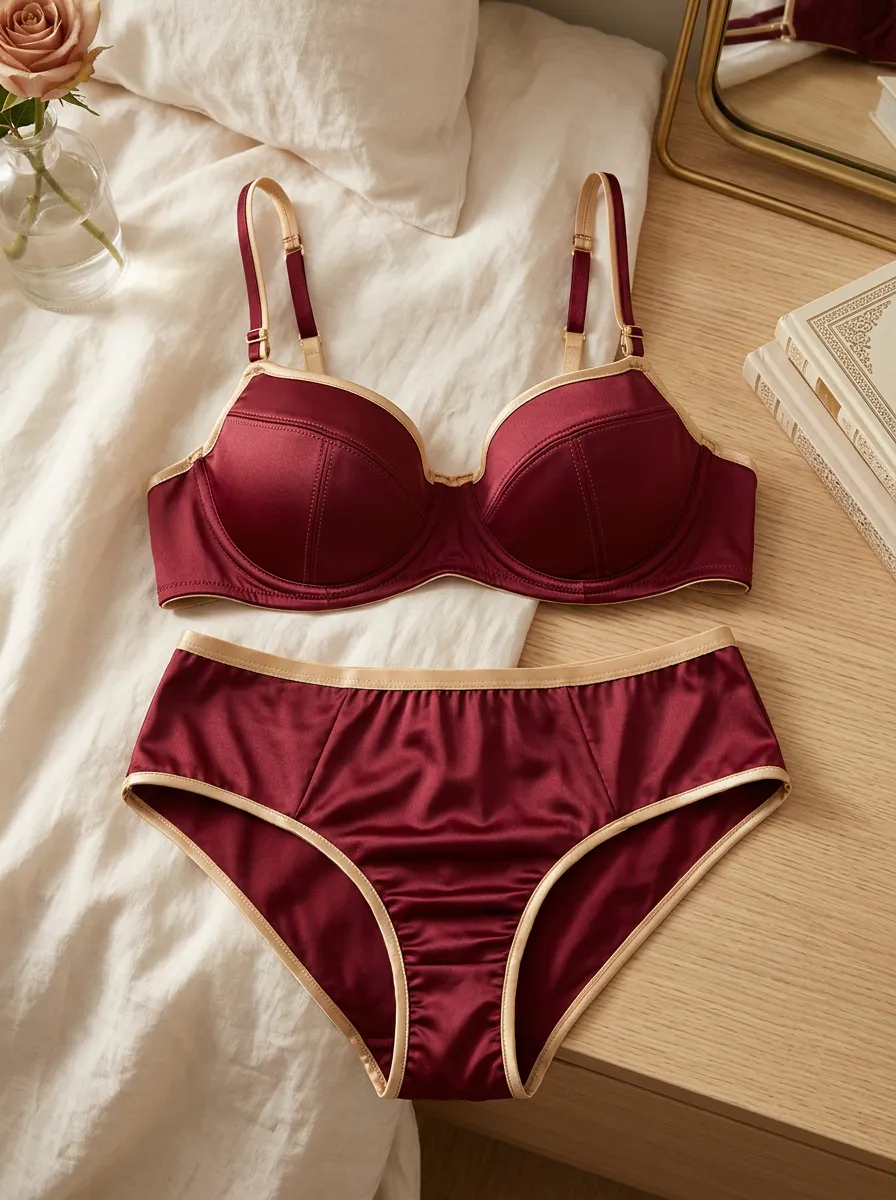 Women's Satin Contrast Trim Contrast Adjustable Strap Lingerie Set