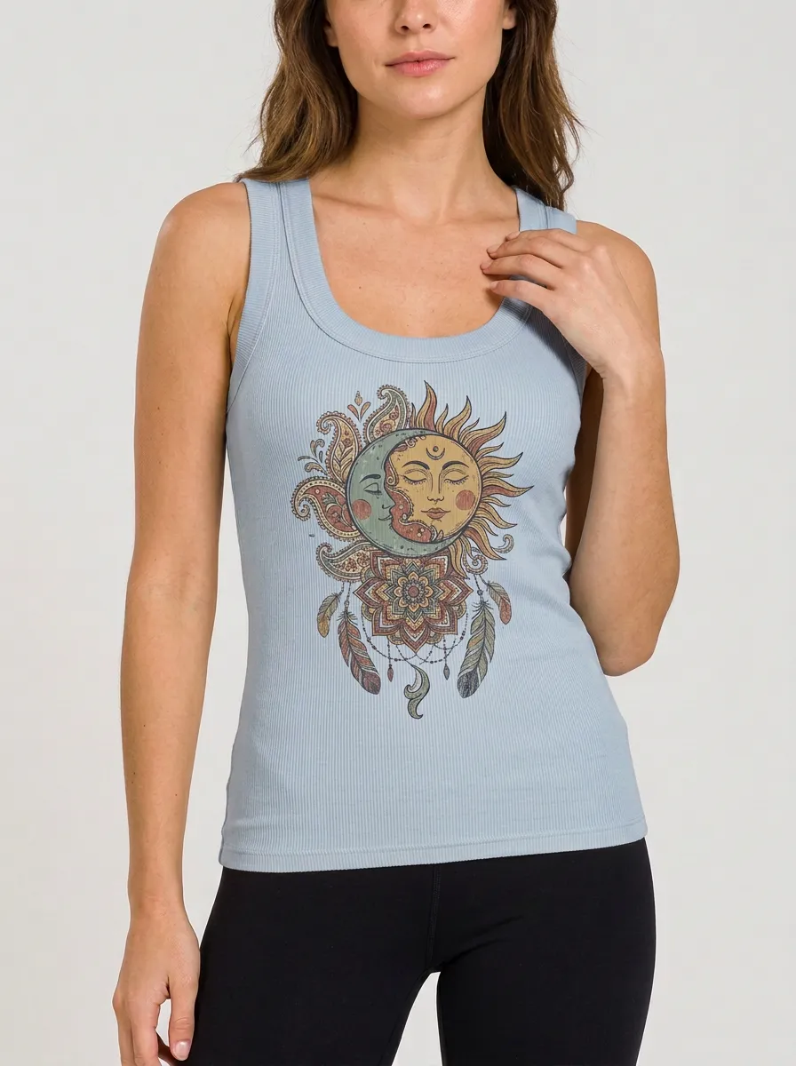 Women's Boho Celestial Sun Moon Mandala Printed Ribbed Tank Top