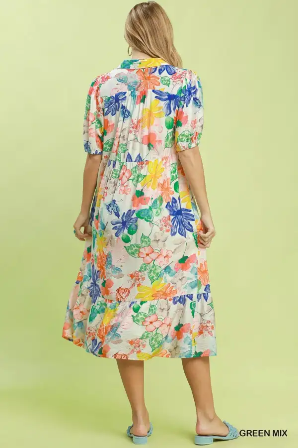 Floral Print V-Neck Puff Sleeve Tiered Midi Dress