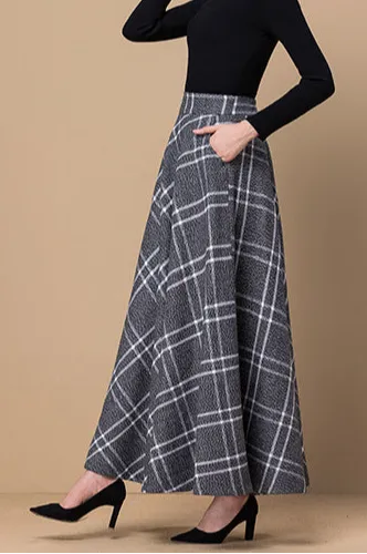 Checkered Wool Blend Pocketed Maxi Skirt