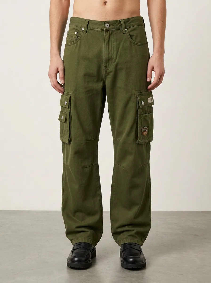 Men's Vintage Wash Badge Detail Cargo Jeans