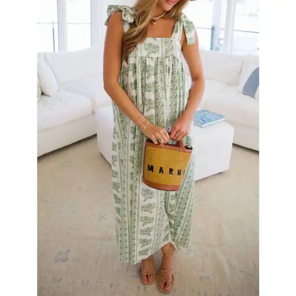 Printed Tie Shoulder Square Neck Midi Dress