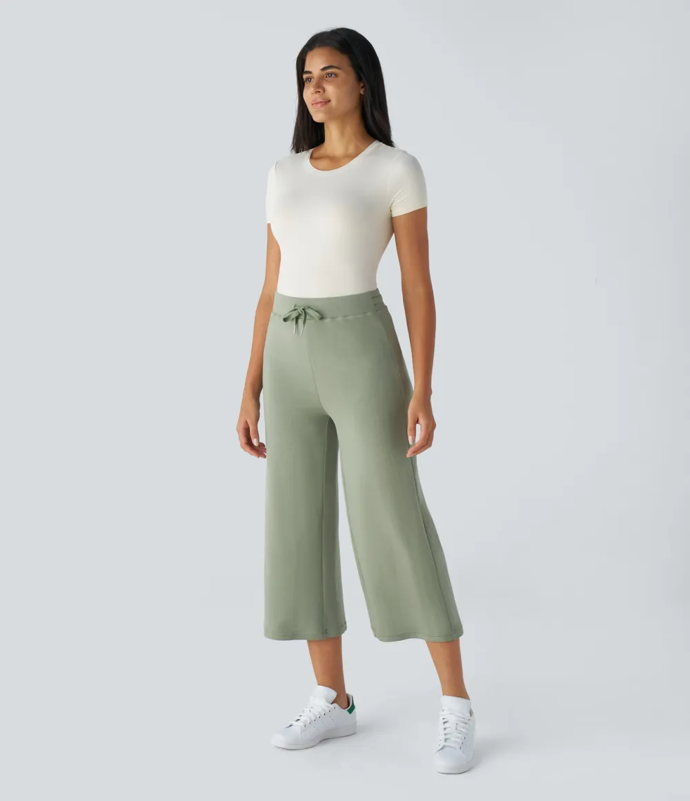 High Waisted Drawstring Capri Work Wide Leg Pants