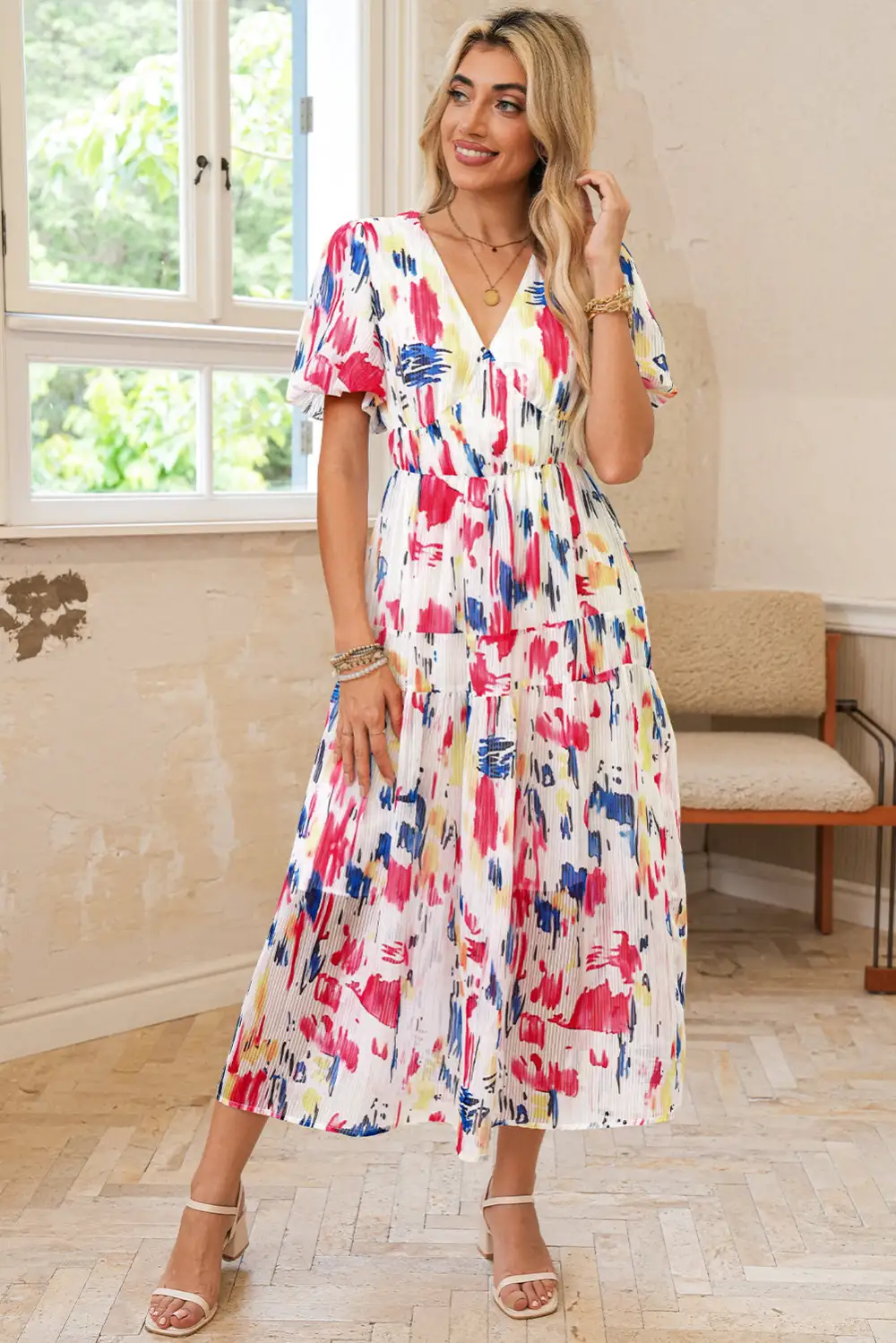 Abstract Print Tiered Puff Sleeve Maxi Dress