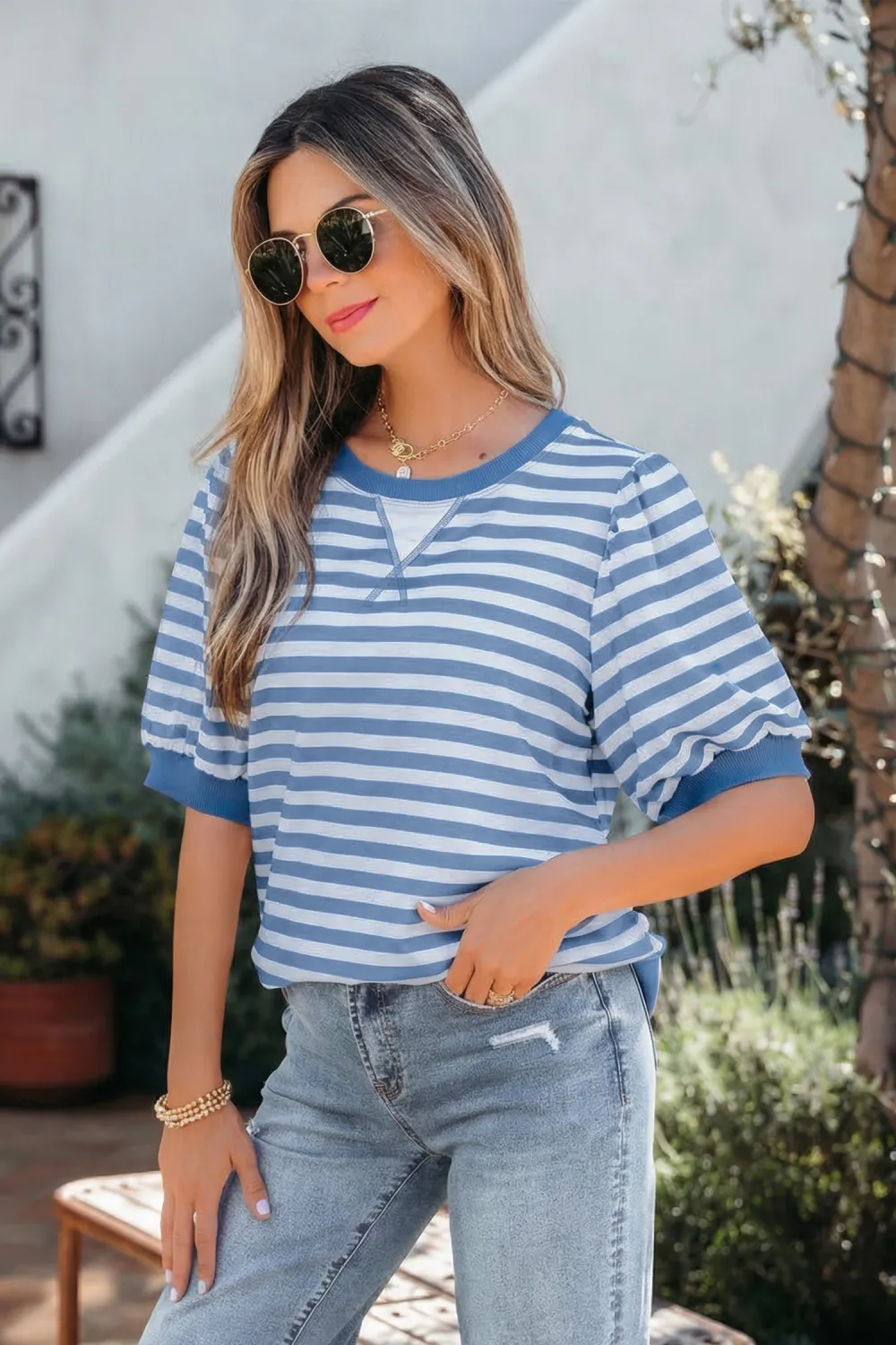 Sky Blue Stripe Short Bubble Tee