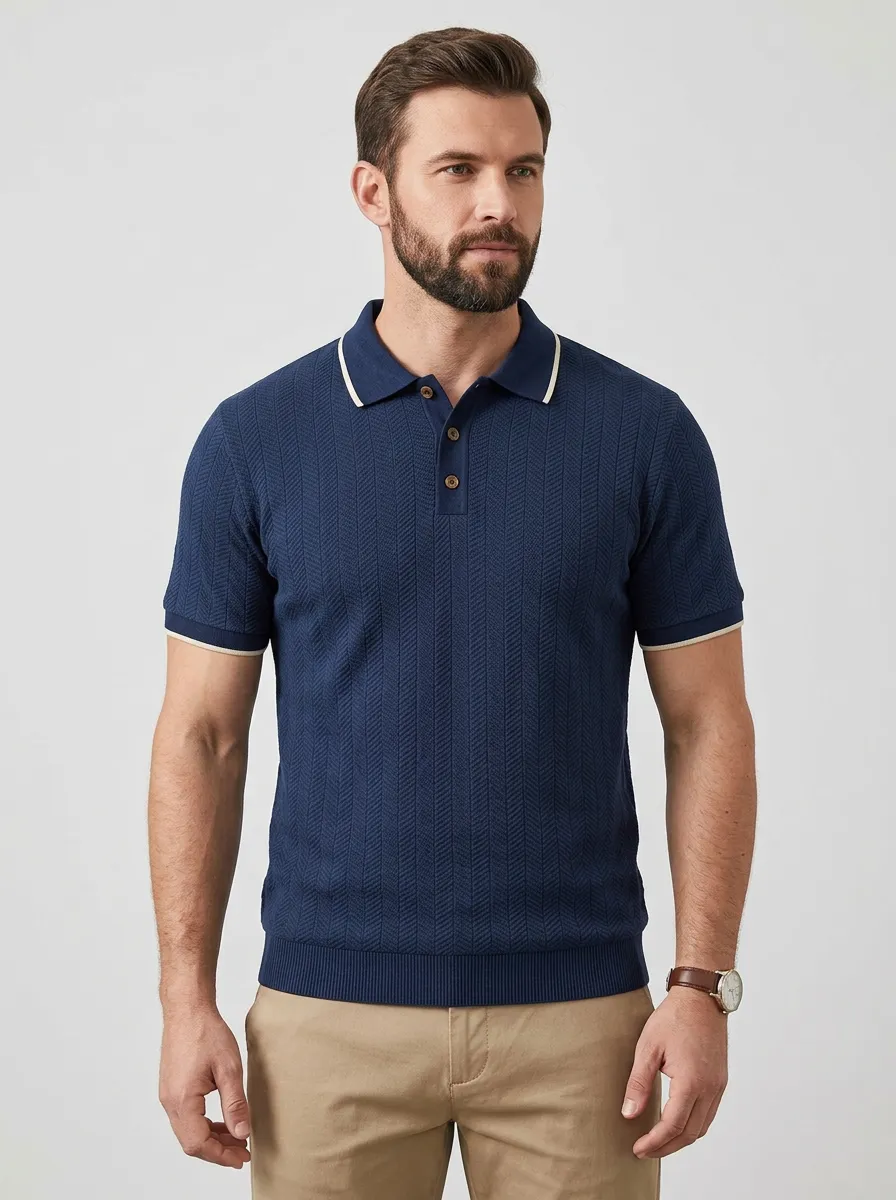Men's Navy Blue Herringbone Textured Knit Polo Shirt