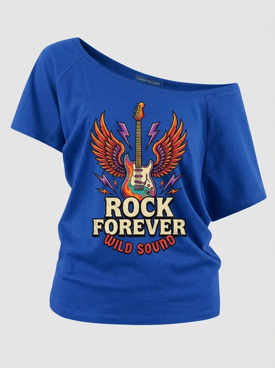 Women's Rock Music Lover Winged Guitar Printed Off-Shoulder Top