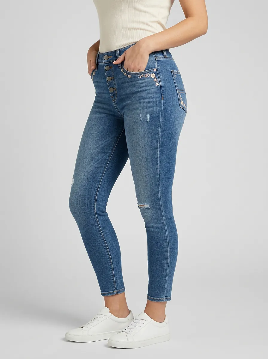 Women's Floral Embroidery Distressed Button-Fly Slim Jeans