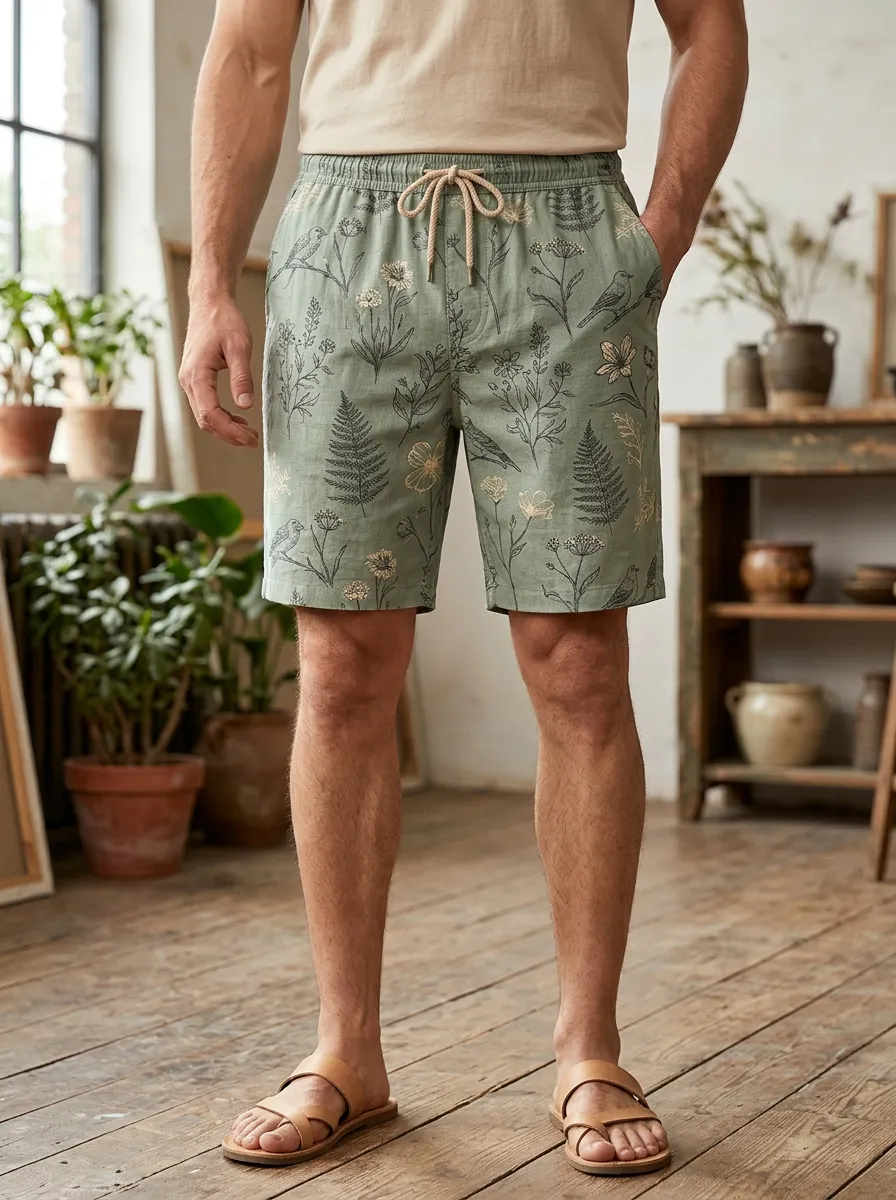 Men's Botanical Bird Nature Floral Drawstring Shorts