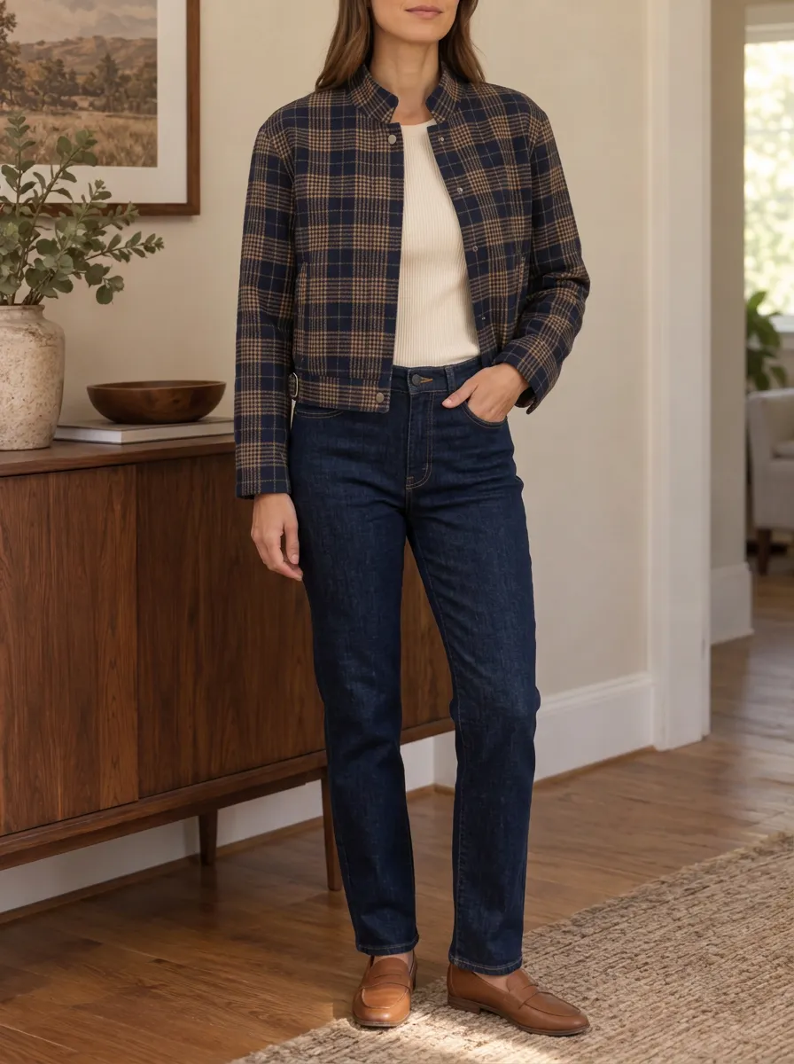 Women's Ribbed Button Front Plaid Stand Collar Cropped Jacket
