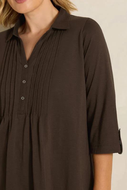 Chocolate Brown Pintuck Henley Top detail 3