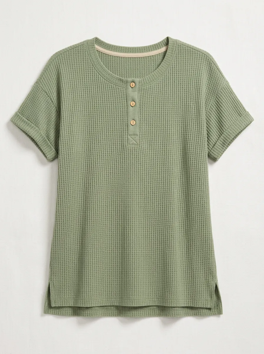 Women's Sage Green Waffle Knit Button Up Henley Shirt