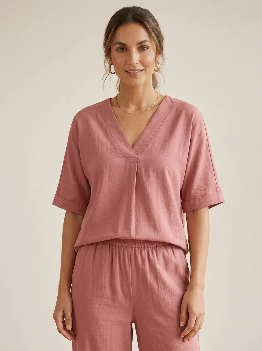 Cuffed-Sleeve Women's V-Neck Shirt