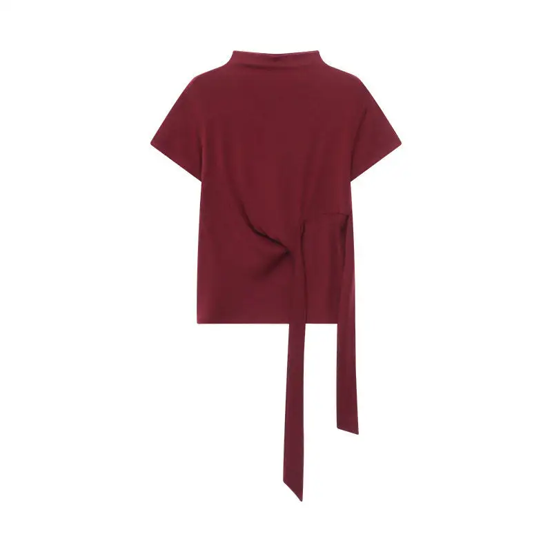 Versatile Semi-High Neck Tie-Waist Short Sleeve T-Shirt