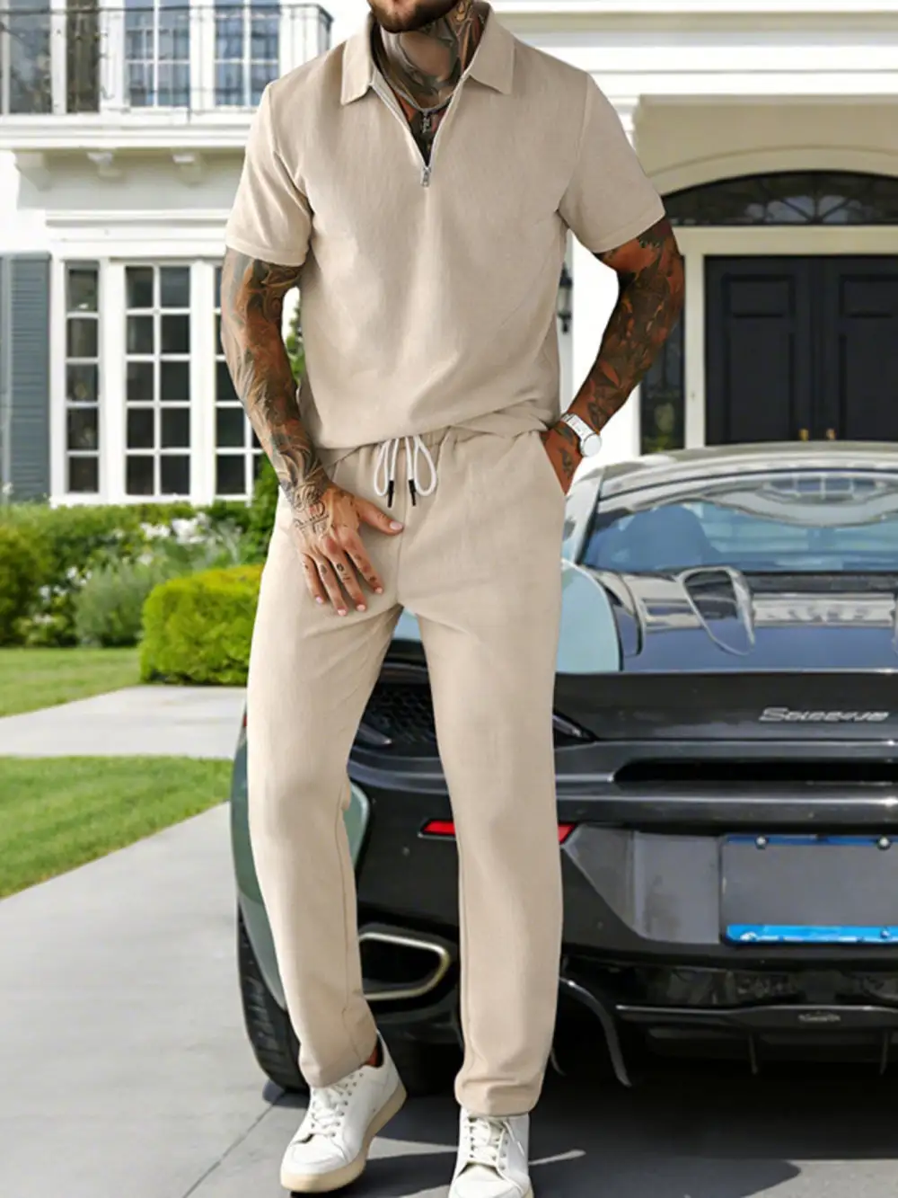Men's Full Size Casual Zipper Polo Shirt and Pant Set