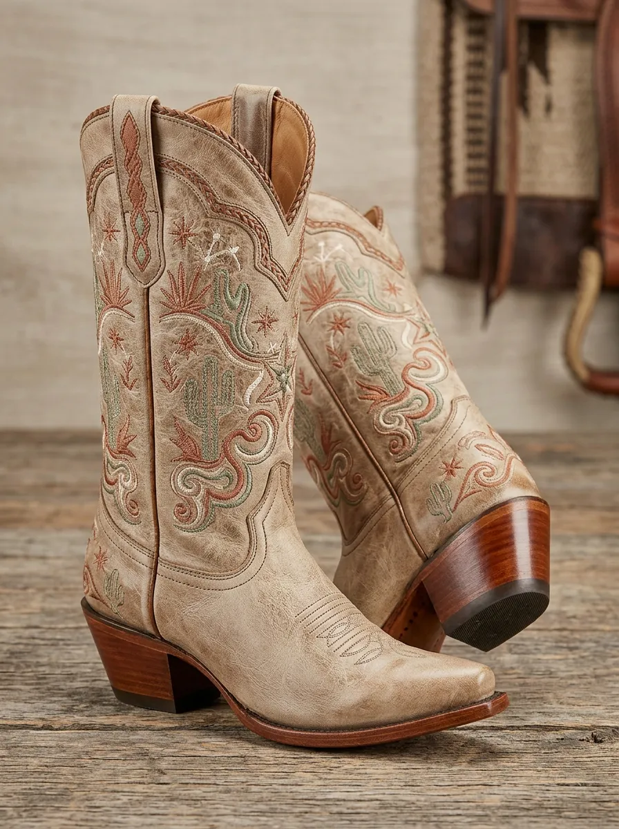 Ranch Cactus Star Embroidered Frontier Look Unisex Western Cowboy Boots