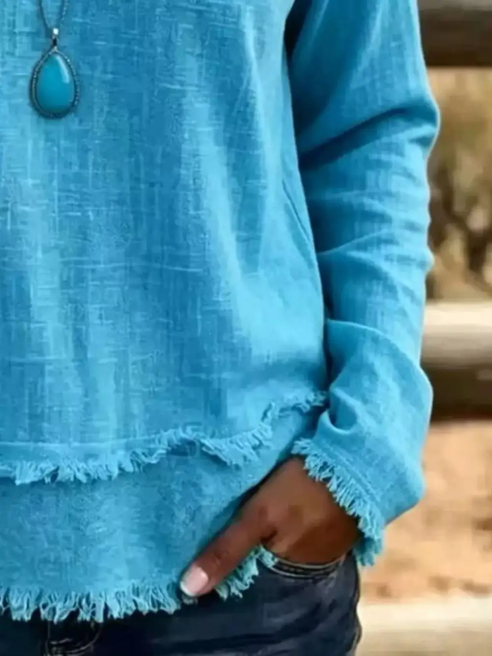 Long Sleeve V-Neck Frayed Hem Blouse