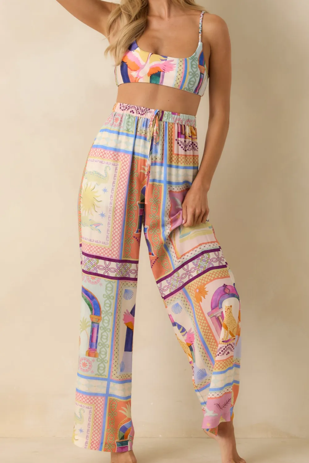 Elysia Multi Tropical Tile Print Drawstring Pants