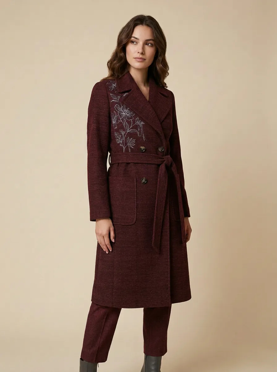 Women's Floral Embroidered Dark Gray Belted Wool-Blend Coat