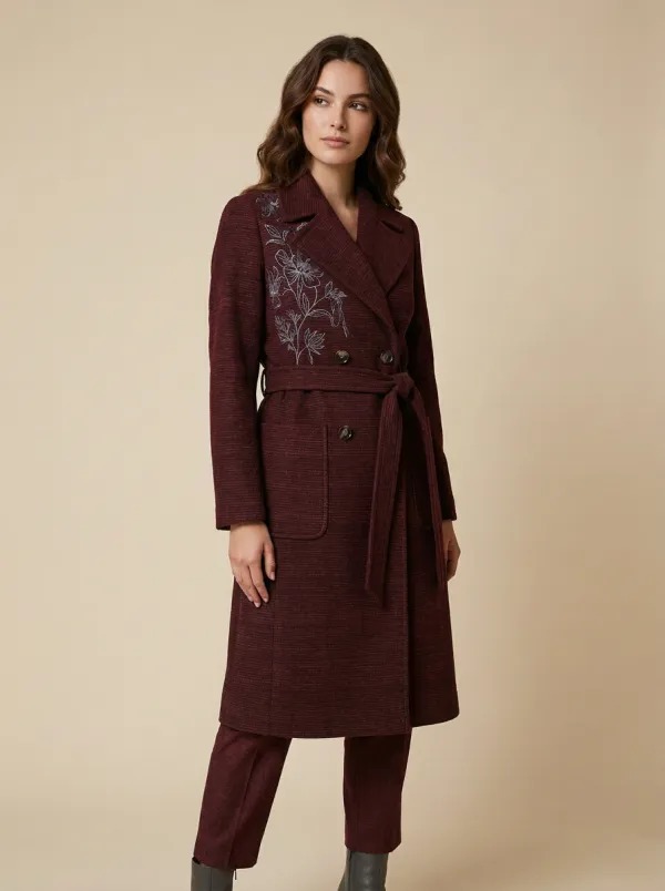Women's Floral Embroidered Dark Gray Belted Wool-Blend Coat